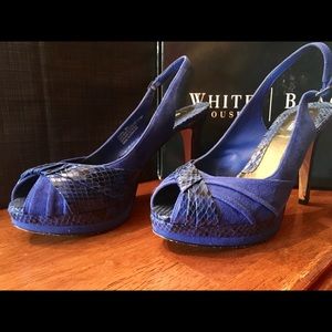 Blue with snake skin pattern heels, size 8.